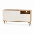 Meuble TV 140 cm blanc et chêne en MDF plaqué chêne avec 2 portes 2 tiroirs et niche ouverte