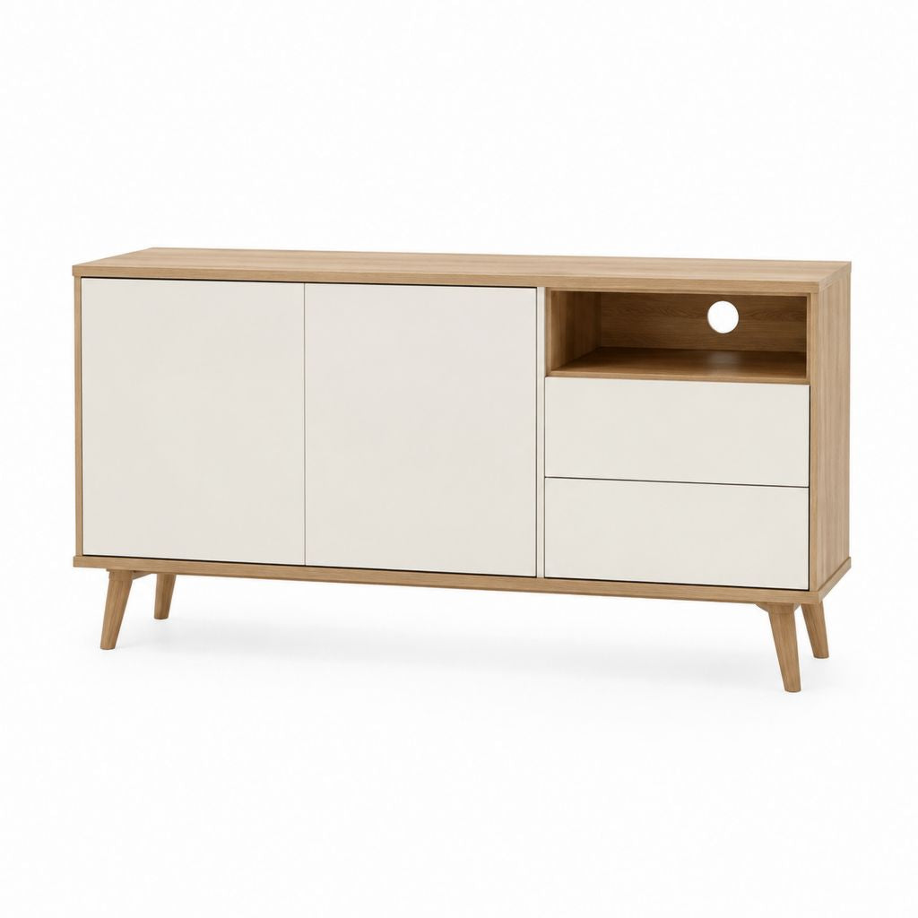 Meuble TV 140 cm blanc et chêne en MDF plaqué chêne avec 2 portes 2 tiroirs et niche ouverte