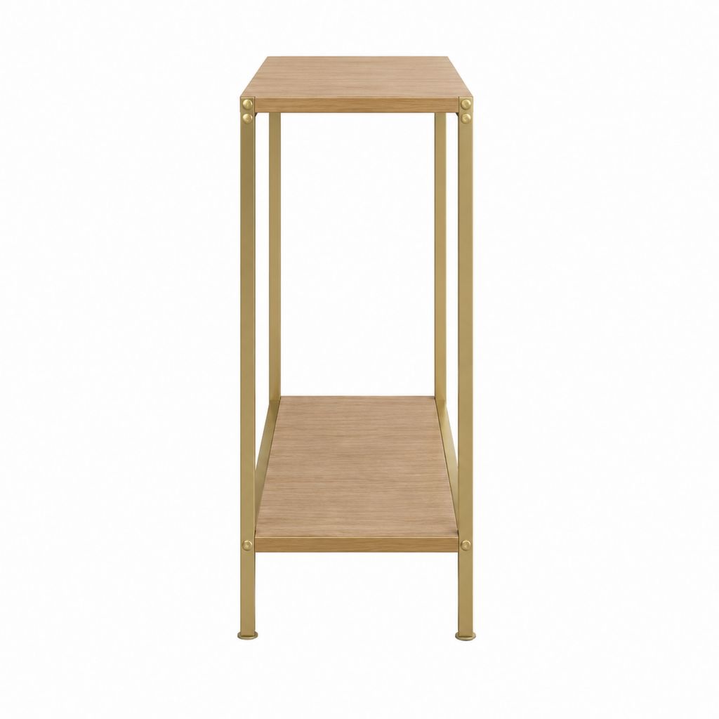 Console d'entrée rectangulaire chêne clair et doré en panneaux MDF et acier 40 x 30 x 80 cm