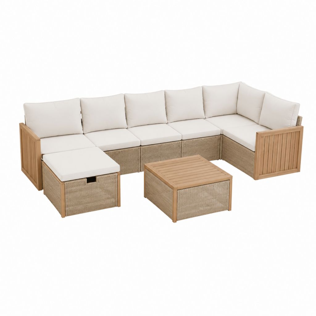 Salon de jardin d'angle 6 places en bois d'acacia et résine tressée PE naturel beige 300 x 220 x 75 cm