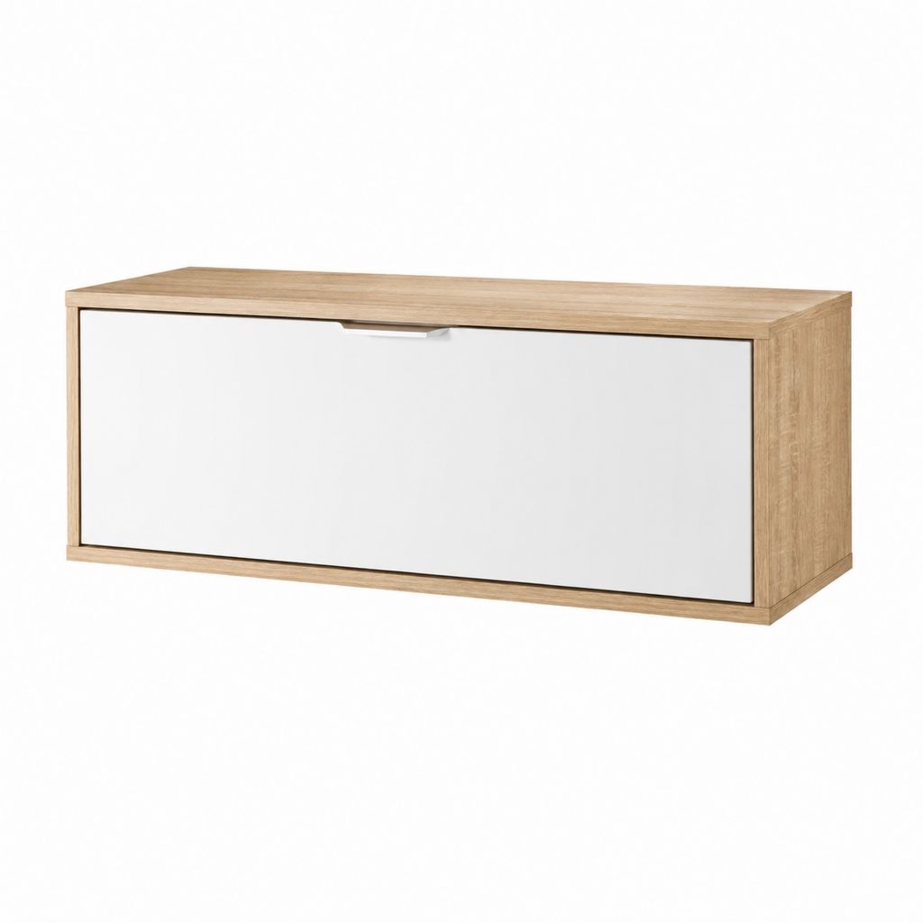 Meuble TV 120 x 40 x 40 cm chêne clair et blanc en panneaux de particules rectangulaire avec porte abattante