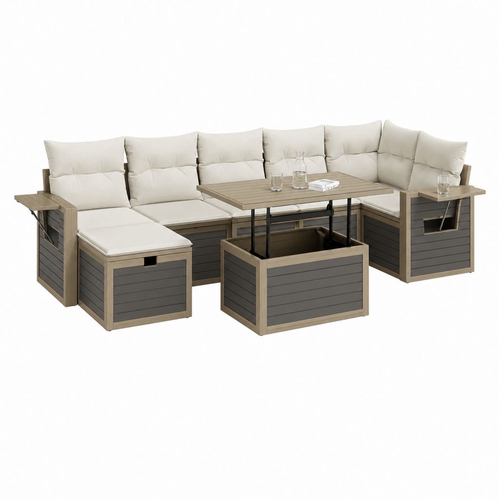 Ensemble de canapé de jardin d'angle 7 pièces gris taupe en polypropylène avec coussins beige 280 x 210 x 88 cm