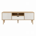 Meuble TV 160 cm chêne clair et blanc en panneaux MDF avec 2 portes 1 tiroir et niche ouverte