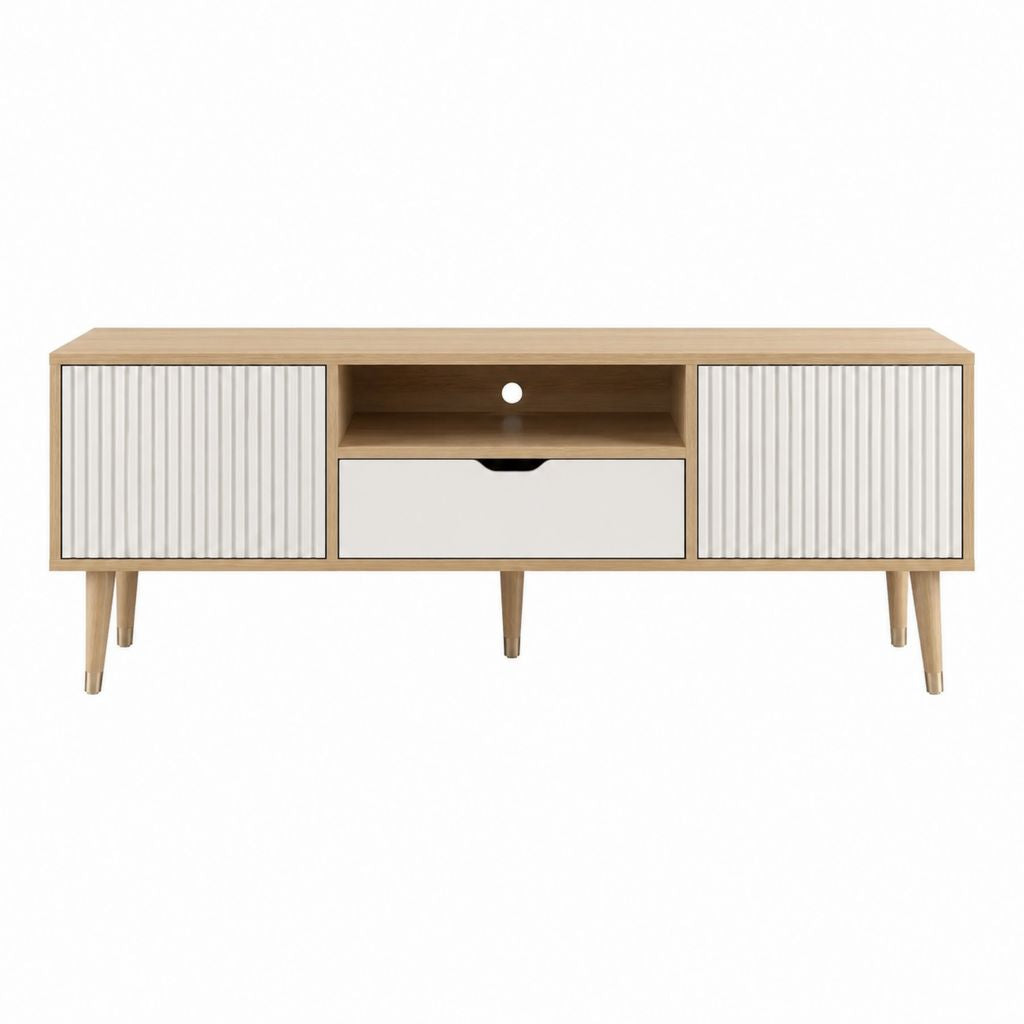 Meuble TV 160 cm chêne clair et blanc en panneaux MDF avec 2 portes 1 tiroir et niche ouverte
