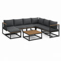 Salon de jardin d’angle 6 pièces noir gris en acier thermolaqué acacia et polyester 260 x 260 cm avec table 70 x 70 cm