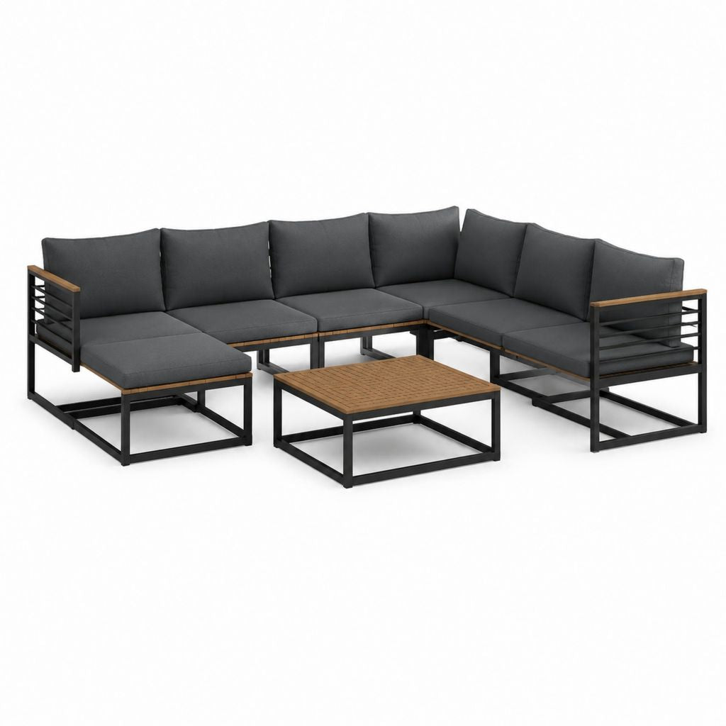 Salon de jardin d’angle 6 pièces noir gris en acier thermolaqué acacia et polyester 260 x 260 cm avec table 70 x 70 cm