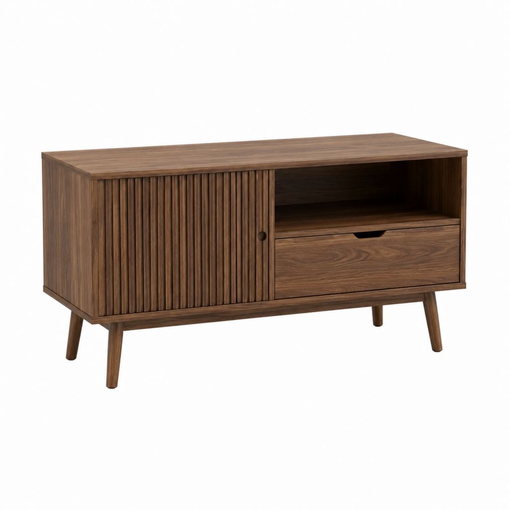 Meuble TV rectangulaire noyer en MDF plaqué noyer avec porte coulissante et tiroir 120 x 40 x 70 cm