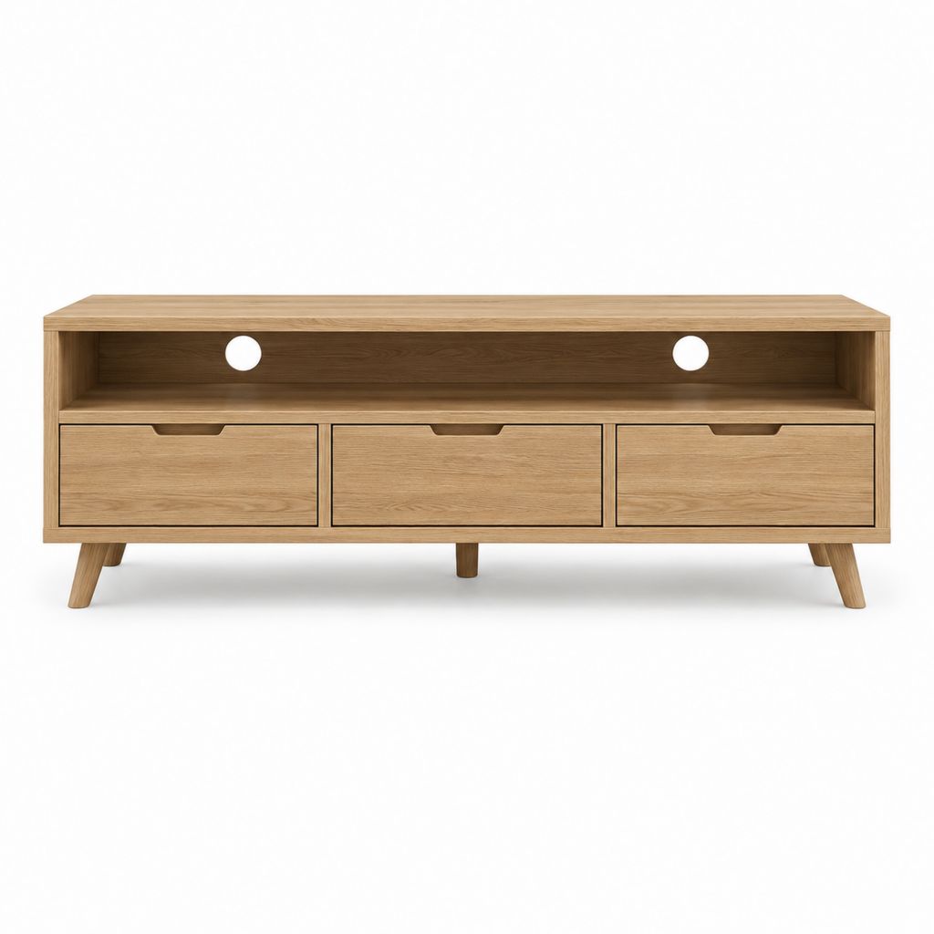 Meuble TV bas chêne clair en MDF rectangulaire 160 x 40 x 50 cm avec 3 tiroirs