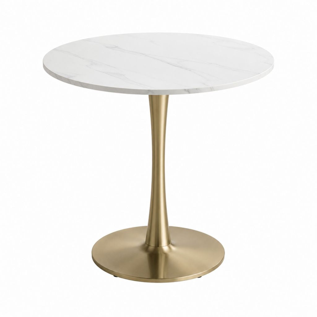 Table à manger ronde blanche effet marbre en céramique et acier inoxydable doré Ø 80 cm x H 75 cm