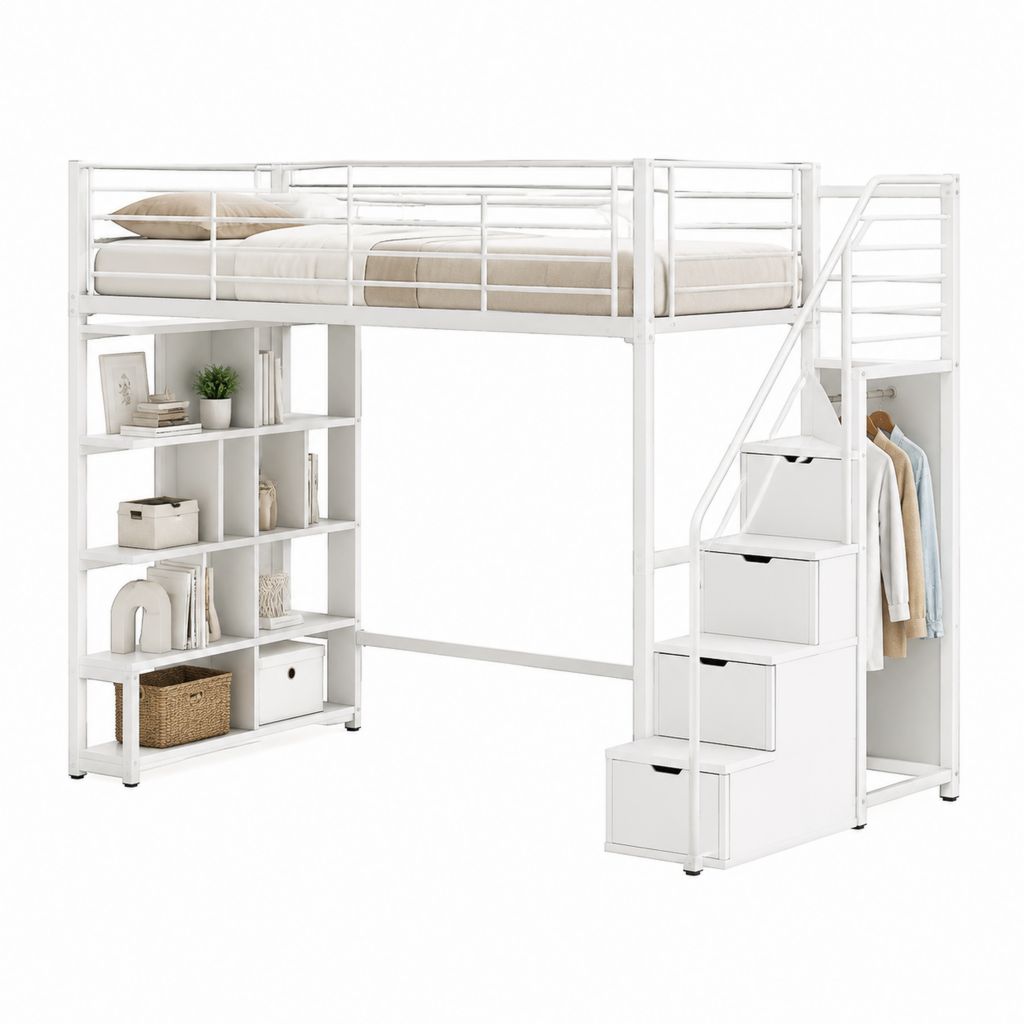 Lit mezzanine 90 x 190 cm blanc rectangulaire en acier et panneaux MDF avec escalier rangement étagère et penderie