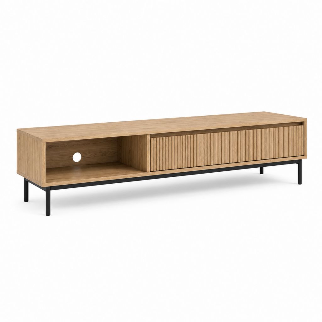 Meuble TV 180 cm chêne clair en panneaux de particules avec portes coulissantes et pieds en acier noir