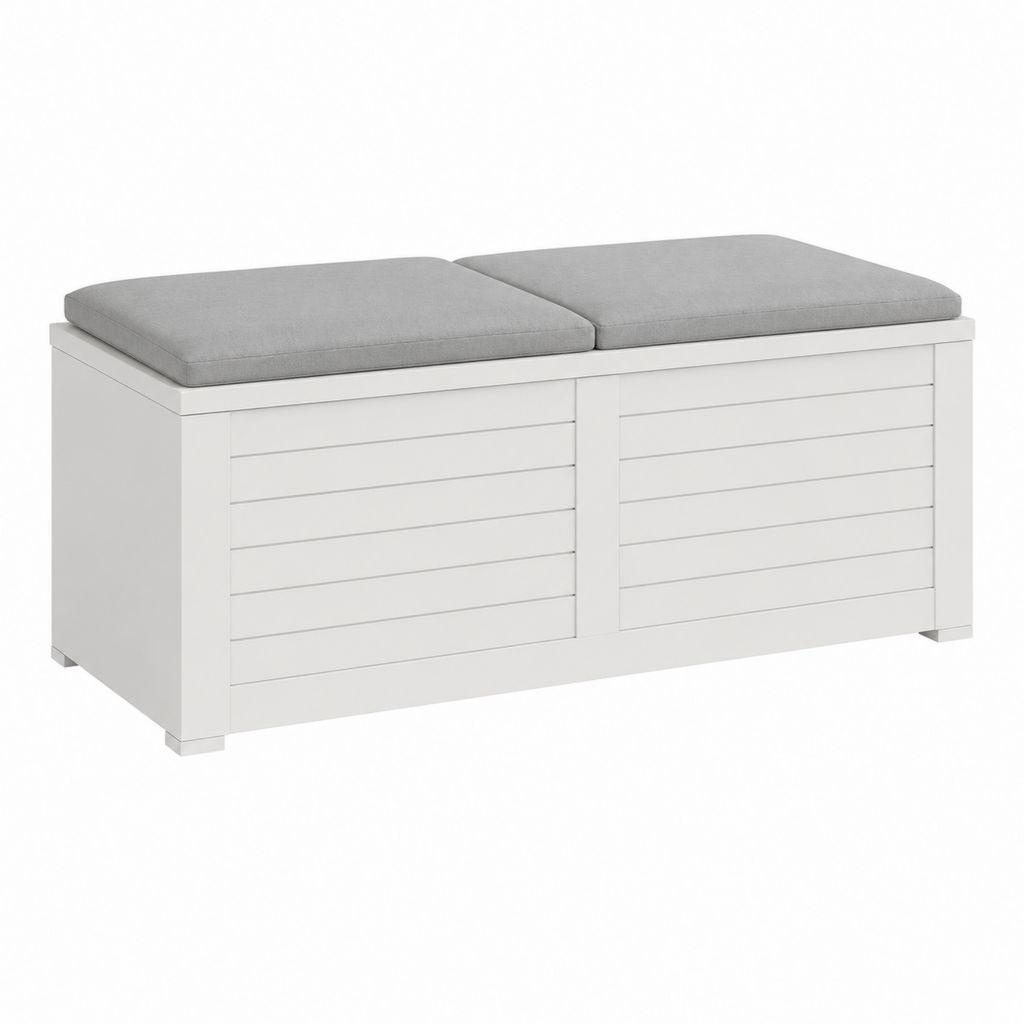 Banc coffre de jardin 2 places blanc en aluminium avec coussins gris 150 x 50 x 45 cm