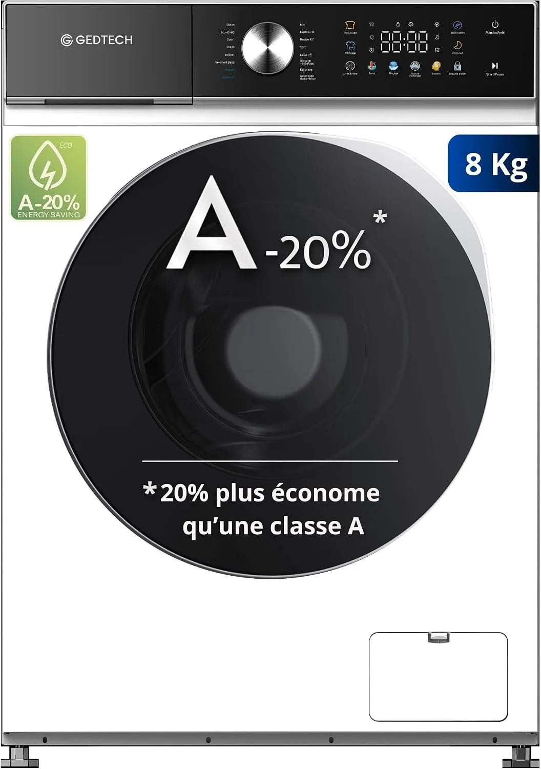 Lave-linge, 16 programmes, 8 kg, GEDTECH GLLPS81400WH, Panneau commande LED couleur, 1200 tr, mn