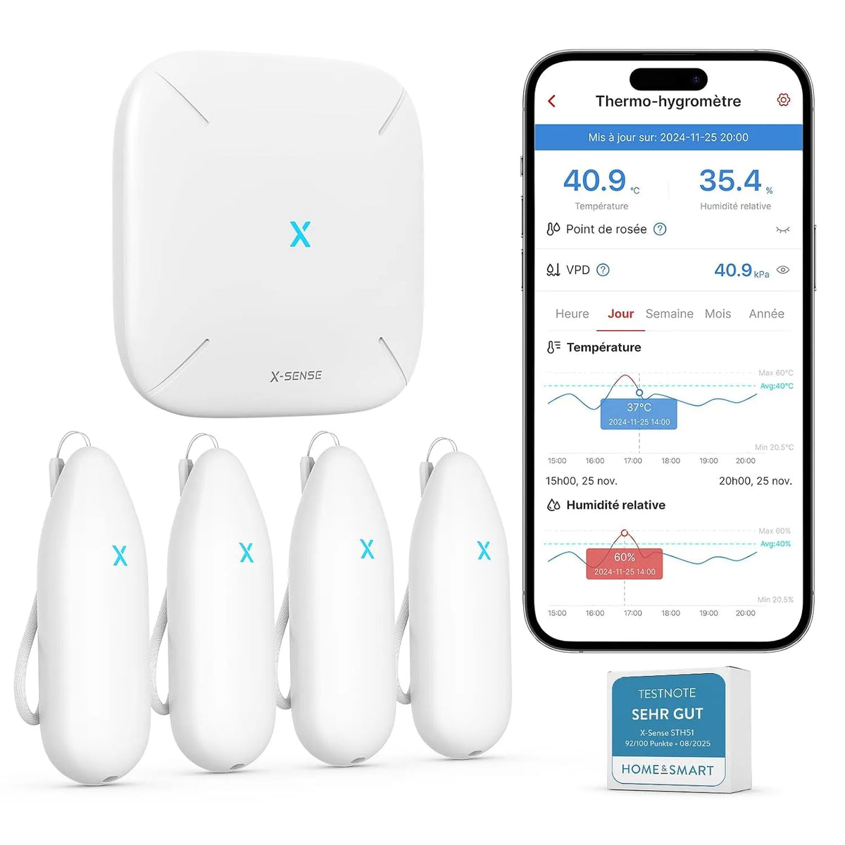 modèle STH55, Portée jusqu'à 500 m et Compatibilité Alexa, x-Sense Kit Thermomètre Hygromètre Connecté, Suivi Précis, Alertes, Export des Données