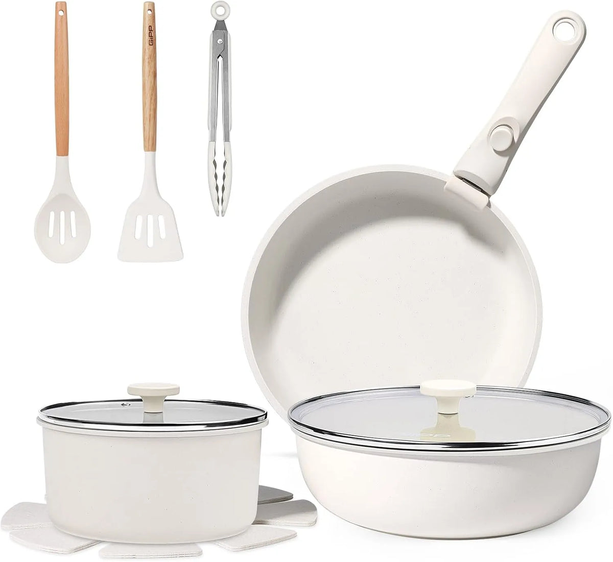 Ustensile de cuisson, amovible, blanc, ustensile de cuisine, GiPP 11 PCS Set de Casseroles et Poele Induction et Poignée Amovible