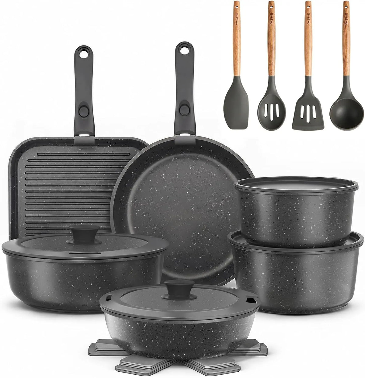 Batterie, batterie de casseroles et poêles, 21 Pièces, gris, Cuisine Induction Antiadhésive, YASHE