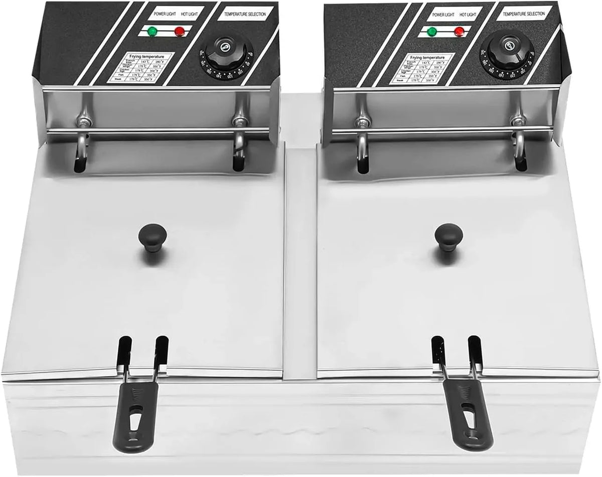 double réservoir, paniers et thermostat de sécurité, pour Double friteuse électrique professionnelle en acier inoxydable avec couvercle, 2 x 6 l, 2 x