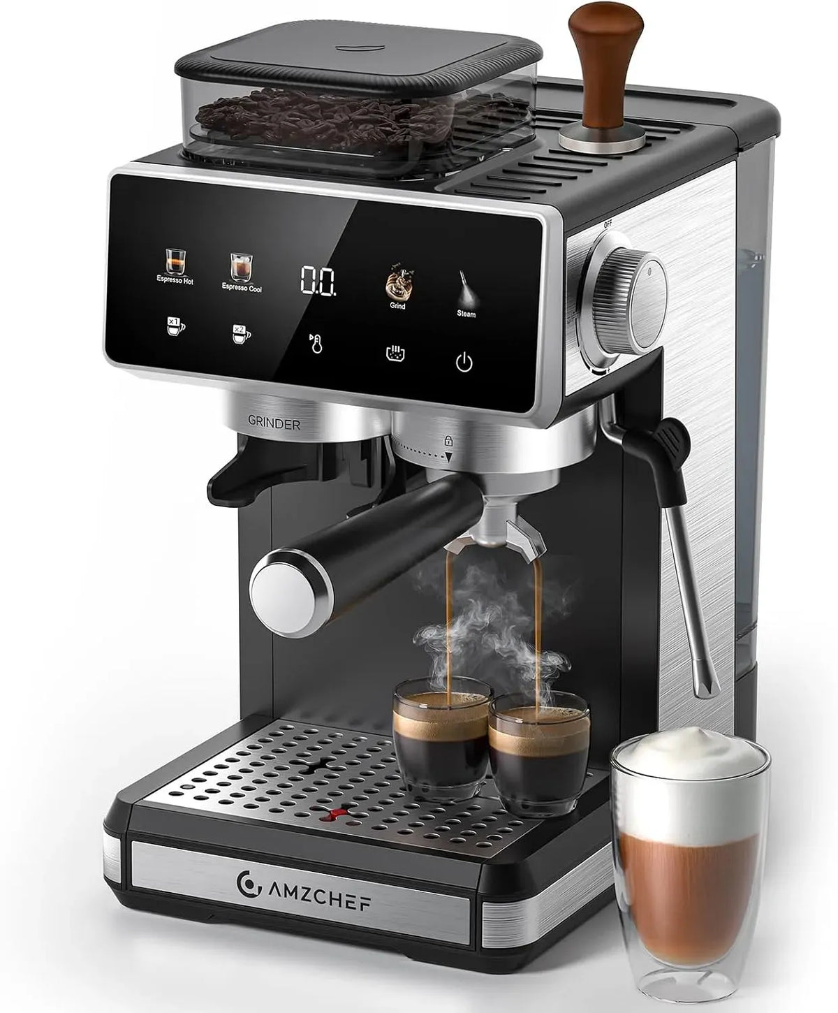 Mousseur à lait, 1350 W, émulsionneur à lait, AMZCHEF, dimensions personnalisables, 2 zones de température, Cafetière à Grains 20 Bar