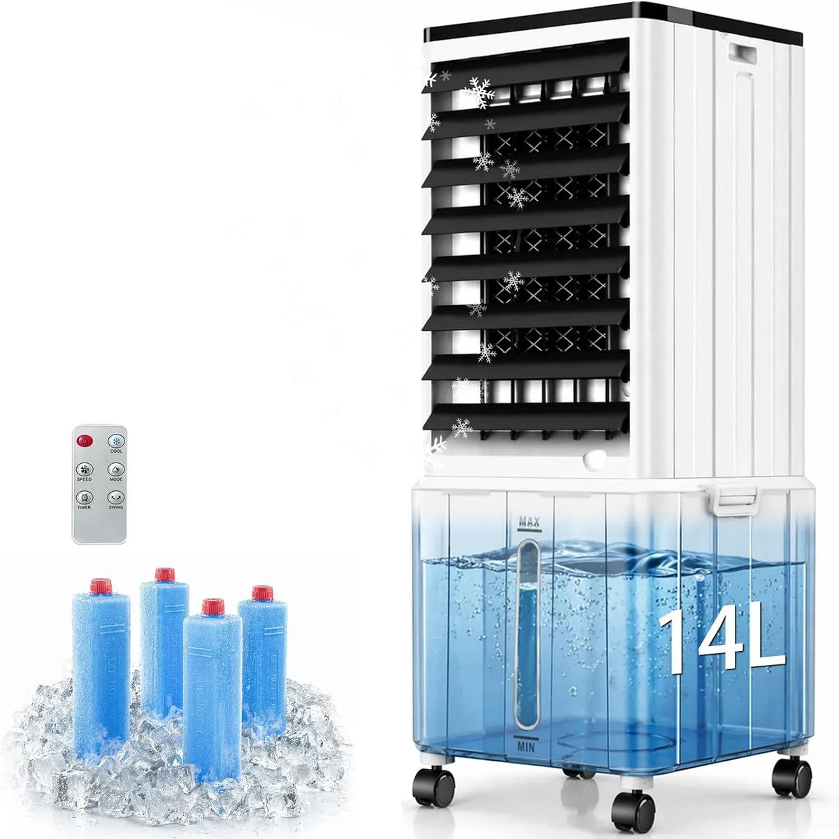 Climatiseur, 14 L, 60 W, 40 dB, minuteur, oscillation, grand réservoir, silencieux, amovible, sans tuyau d'évacuation avec minuterie de 12 h, 120
