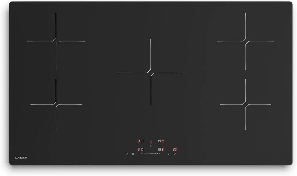 Klarstein Plaque à induction, 90cm, 5 foyers, 9800 W, table de cuisson à induction, Boost, tactile, verrouillage, encastrable, minuteur, 5 Zones
