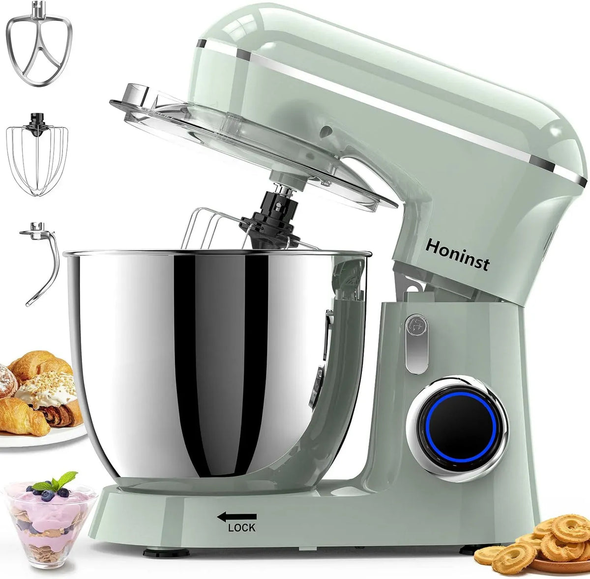Robot de cuisine, 6,5 L, 1400 W, acier inoxydable, 10 niveaux de puissance, mélangeur avec bol en acier inoxydable de 6,5 L, pétrin électrique 1400W