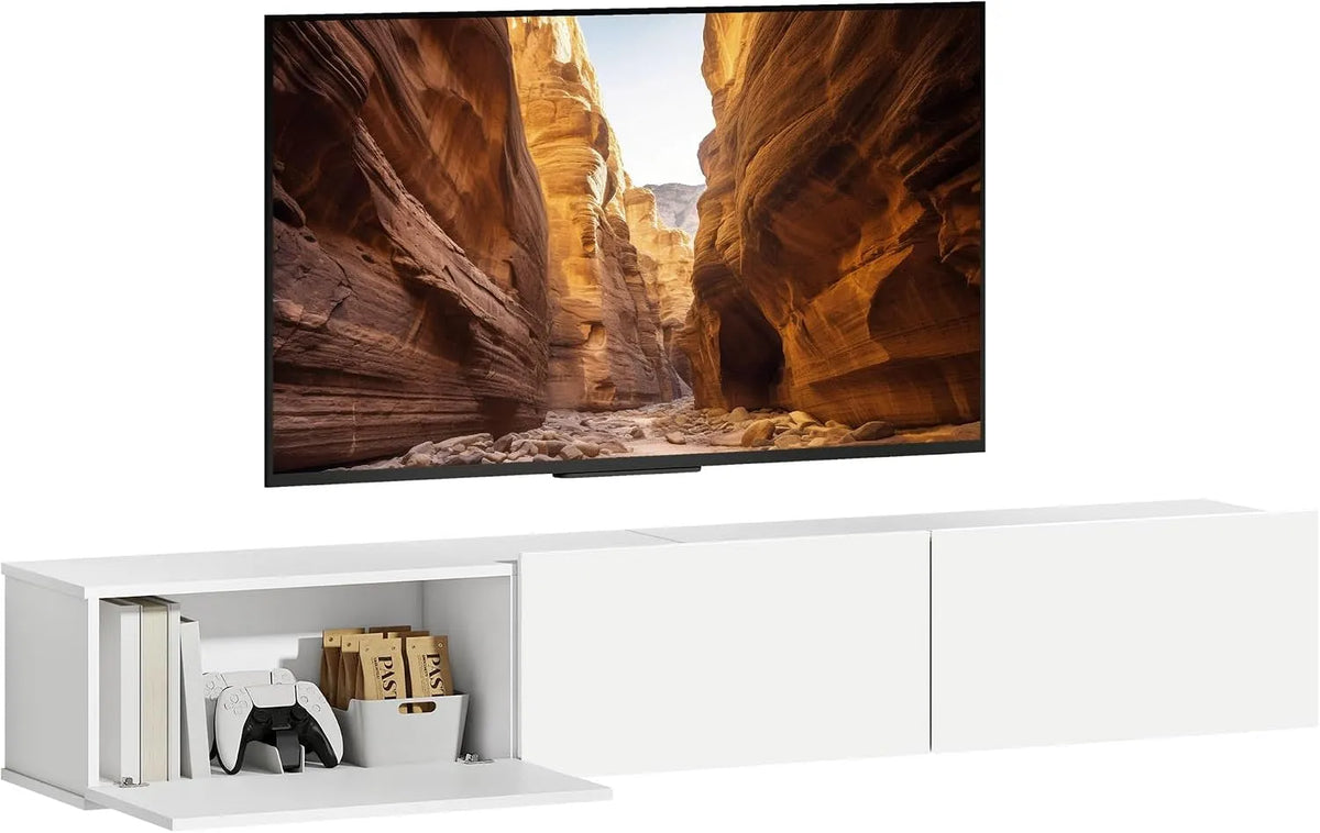 Meuble TV, 82 pouces, décoration de salon, blanc, 3 Portes Rabattables, Banc TV Flottant, Charnières à Fermeture Douce, Chambre