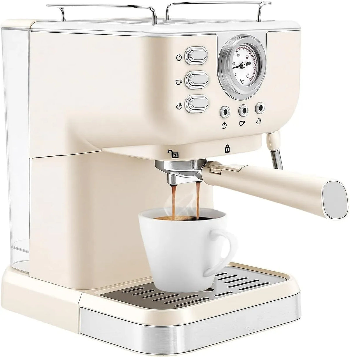 Mousseur à lait, 1,5 L, 1050 W, émulsionneur à lait, gril, grand réservoir, cafetière à expresso compacte et grille-pain, 20 bar