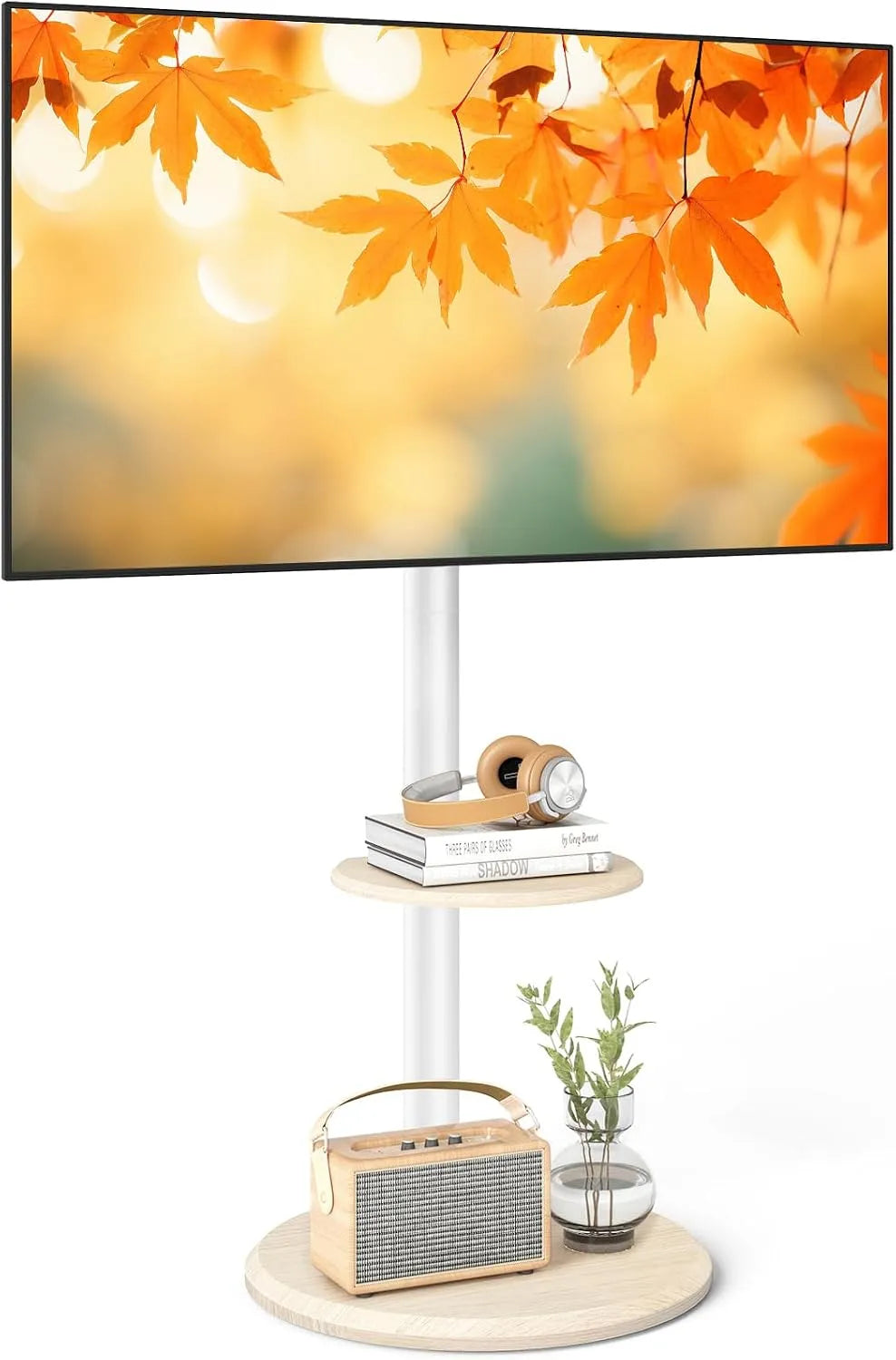Meuble TV, 65 pouces, 400x400mm, roulettes de déplacement, blanc, hauteur inclinaison ajustables, étagère bois design chic, montage facile