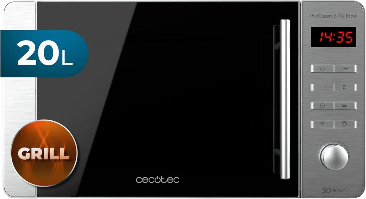 Cecotec Ready2Clean 3DWave Micro-ondes, 20 L, 700/800 W, 8 programmes, minuteur, gril, acier inoxydable, four micro-ondes, Écran LED, 5 Niveaux
