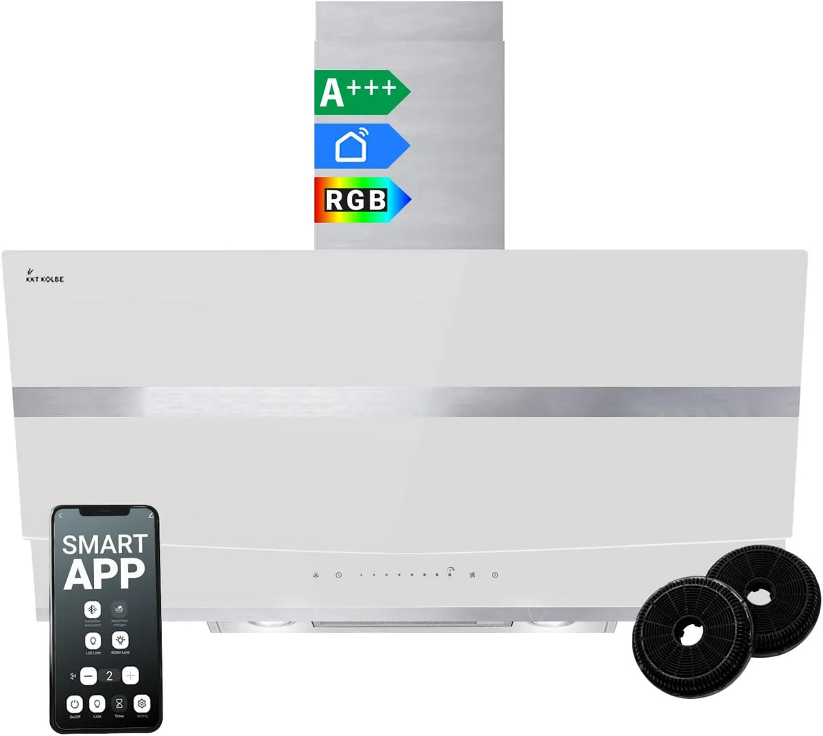 Hotte aspirante HERMES9005WM, 90 cm, hotte de cuisine, inclinée, éclairage LED, installation murale, tactile, Wi-Fi, acier inoxydable, blanc, WiFi
