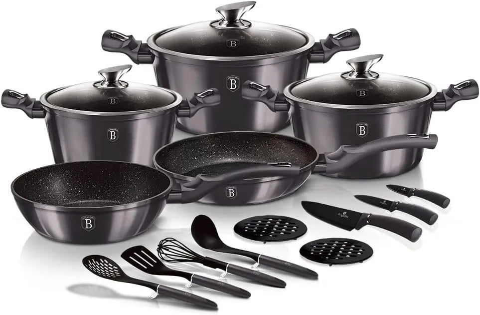 BH/6920 Batterie, batterie de casseroles et poêles, revêtement antiadhésif, 17 Pièces, noir, aluminium, Cuisine de 17 Pièces