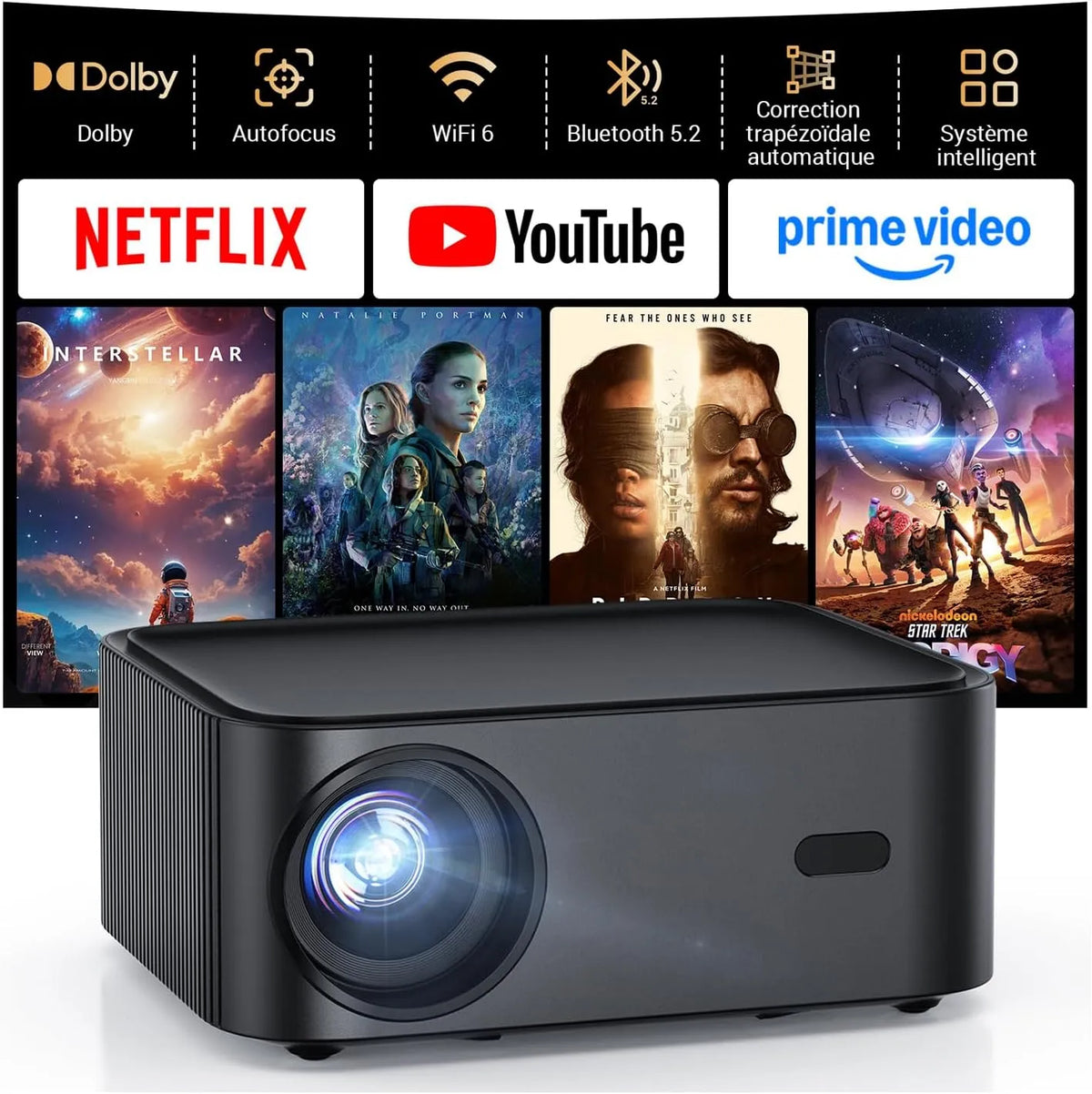 Smart TV H11 Stick, USB/PS5, téléviseur, 4K UHD, HDMI, extérieur, HAPPRUN Vidéoprojecteur 4K Compatible avec Netflix-App, Mini Retroprojecteur