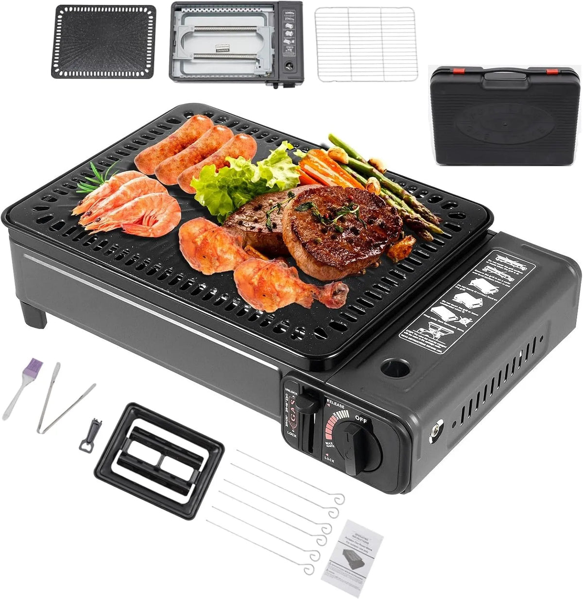 Plaque de cuisson à gaz, Barbecue 2en1, gril, camping, table de cuisson à gaz, réchaud double alim butane, GPL, 2kg Kit Mallette, plaque 3