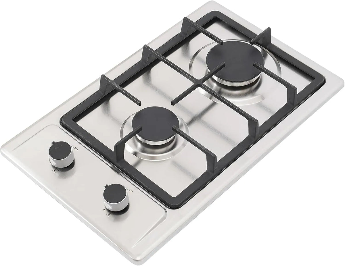Cuisinière avec four, 51 × 31 × 10 cm, encastrable, portable, camping, acier inoxydable, cuisinière à deux brûleurs de 3 KW + 1, 75 KW, avec support