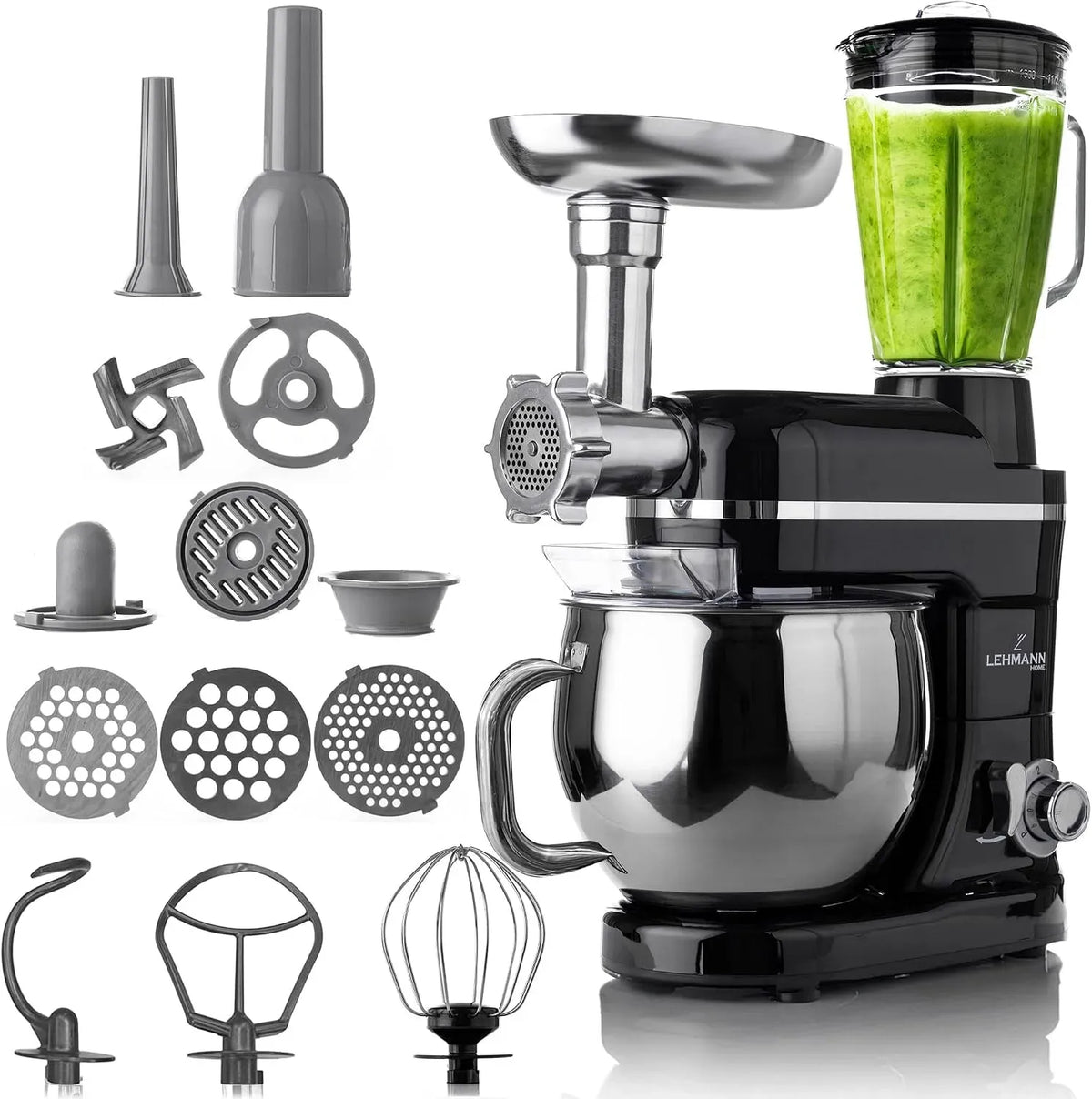 Robot de cuisine, 1,5 L, LEHMANN 3-en-1, acier inoxydable, Bol Inox, 6 Vitesses + Pulse, Blender en Verre 1,5L