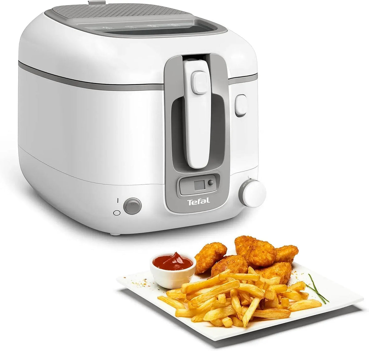 Tefal FR3141 Blanc/gris, Super Uno Friteuse, Capacité jusqu'à 1,2 kg, Boîtier thermique, Minuterie numérique, Cartouche filtrante anti-odeurs