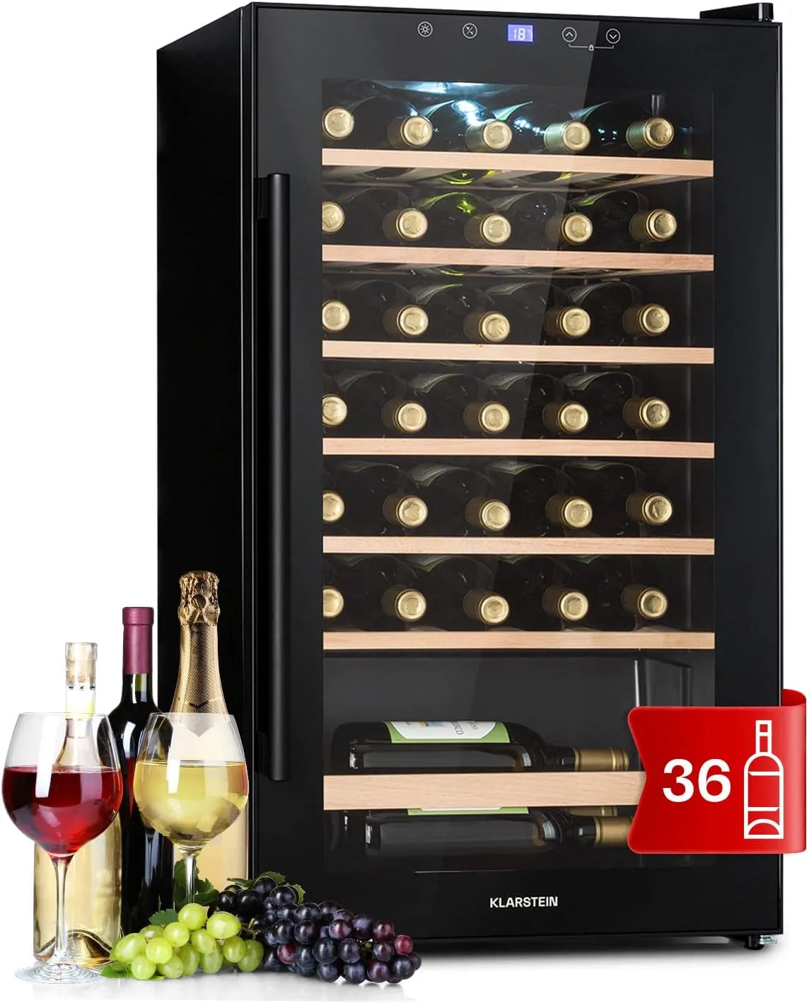 Klarstein Cave à vin électrique, 36 bouteilles, 5 à 18 °C, tactile, Réfrigérateur Bar, Protection UV, Réfrigérateur à Vin sur Pieds avec Porte en