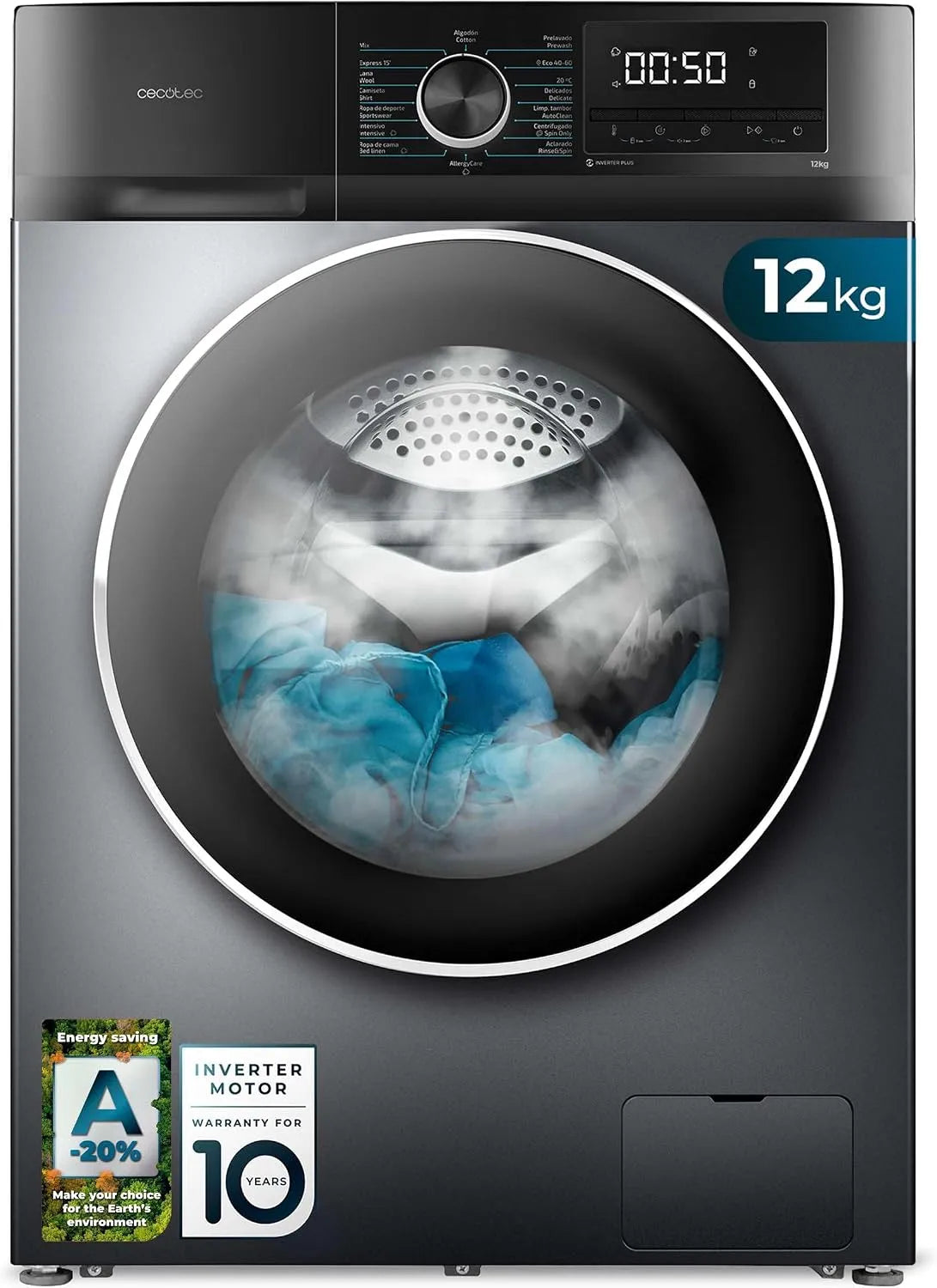Cecotec Bolero DressCode 7150 Lave-linge, 12 programmes, 7 kg, classe énergétique A, verrouillage, Inverter, Steam Max, 1400 tr, Inverter Plus
