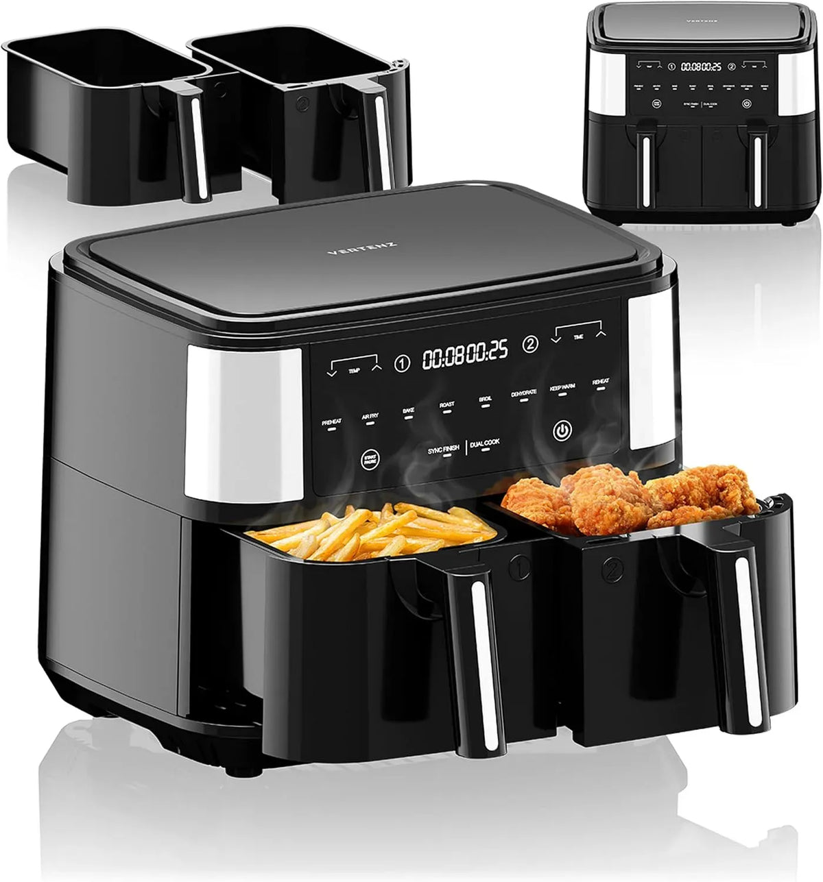 Friteuse à air chaud, 9 L, 2600 W, VERTENZ, revêtement antiadhésif, noir, Panier de Friture Antiadhésif, 200°C