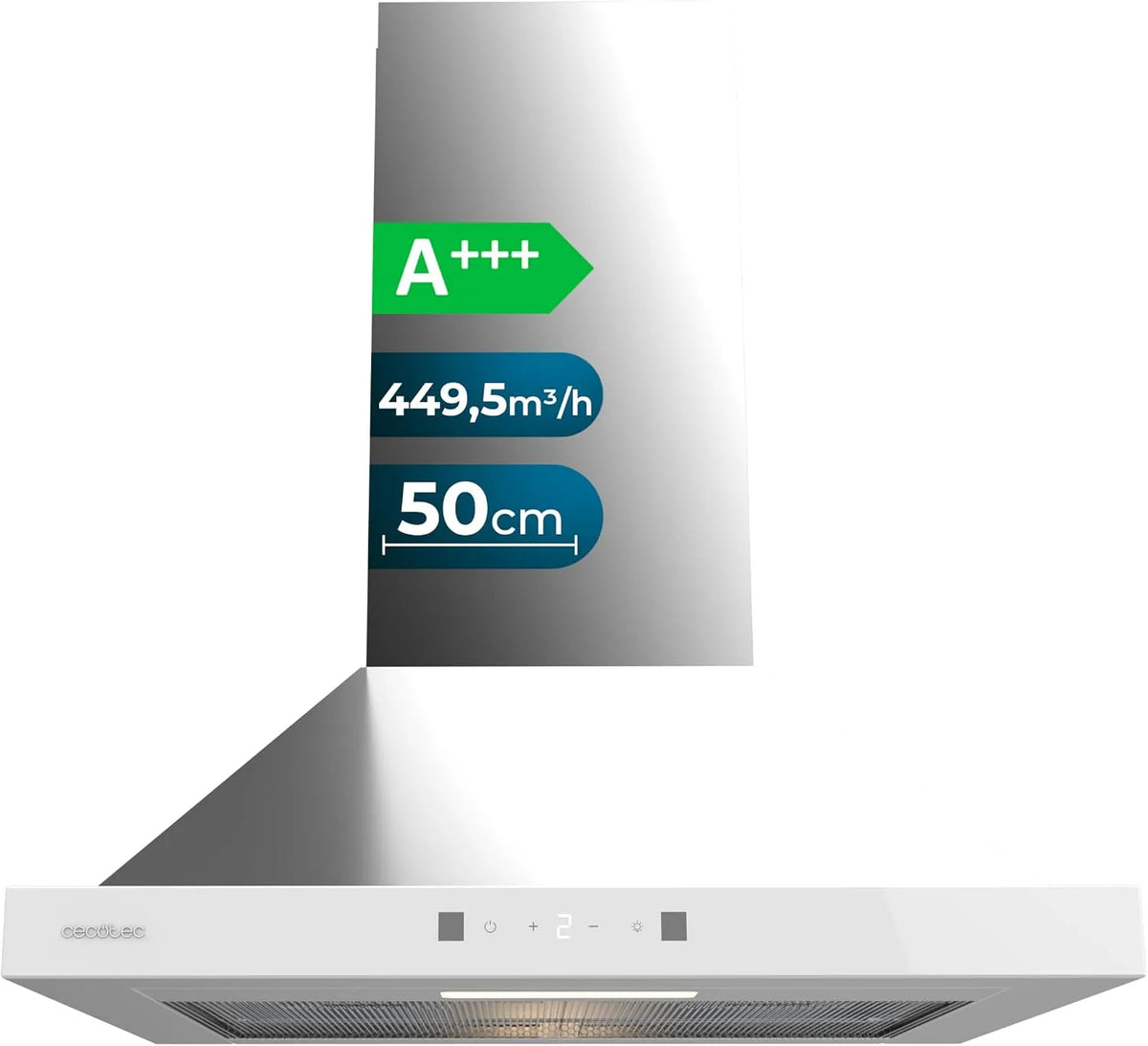 Cecotec Bolero Flux PT Hotte aspirante, 50 cm, 449, 5 m3/h, classe énergétique A, hotte de cuisine, Boost, tactile, acier inoxydable, blanc, Commande