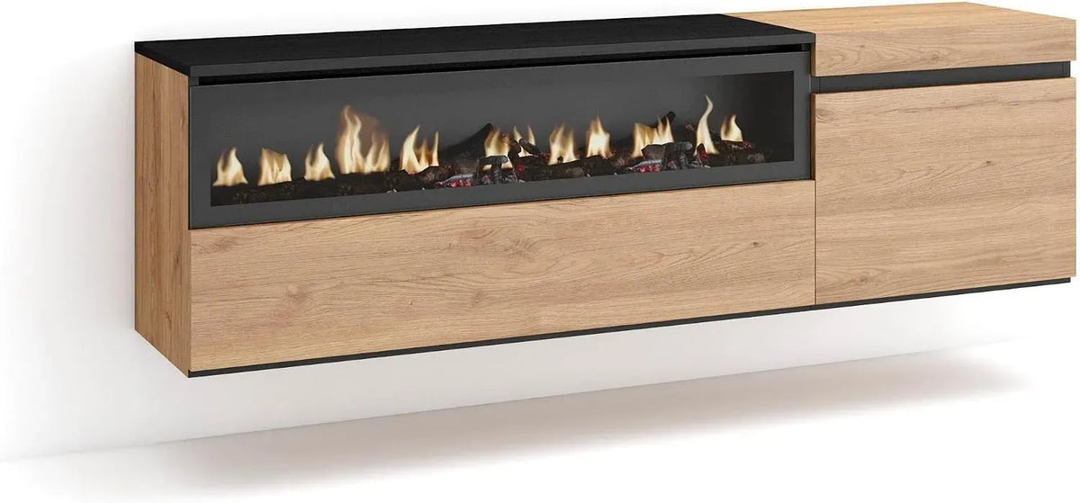 Meuble TV, 65 pouces, 150x45x35cm, noir, foyer électrique, Skraut Home