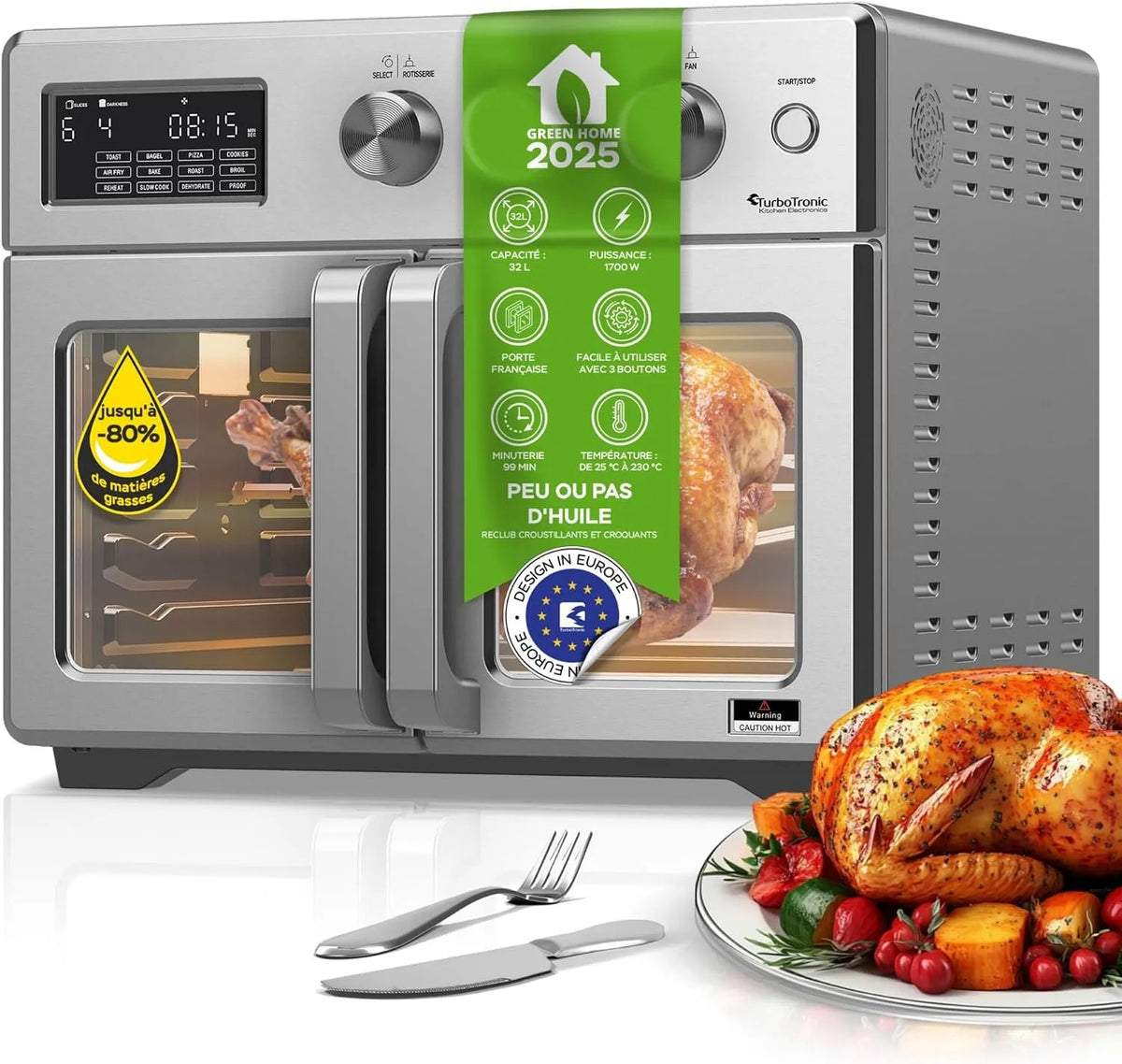 Four électrique, 32 L, gril, compact, four à air chaud 4 en 1 et friteuse à air chaud, TurboTronic Mini four, y compris tournebroche et de nombreux