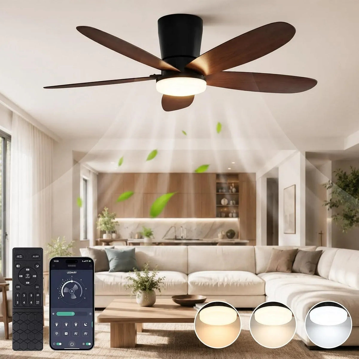 Ventilateur, 106 cm, encastrable, silencieux, 5 Pales Effet Bois Noyer pour Hambre à Coucher & Bureau, Moteur DC Encastré Silencieux