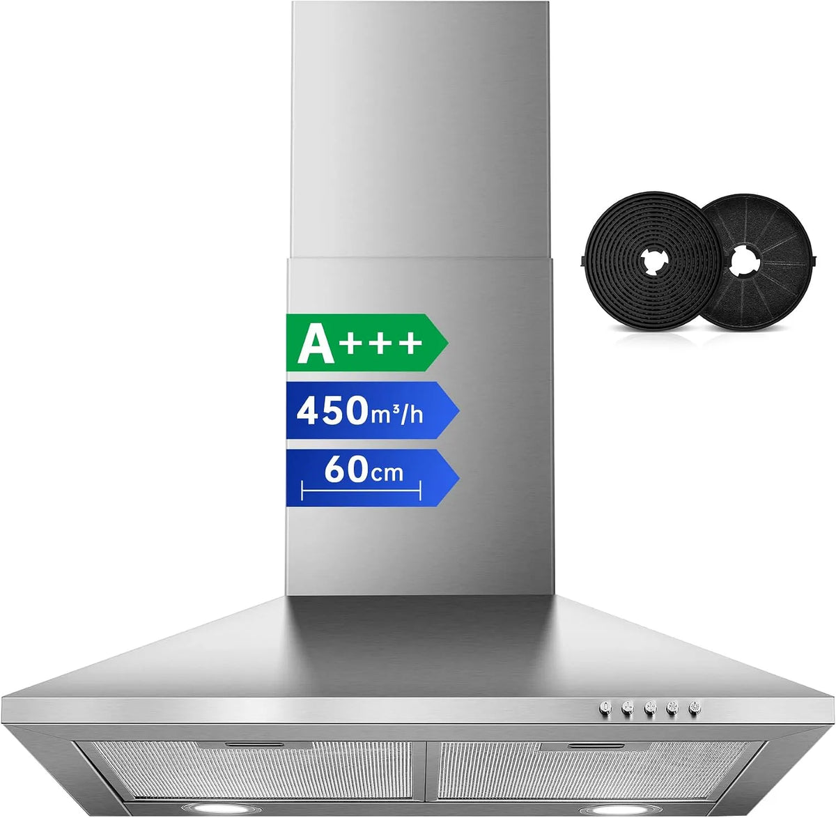 Hotte aspirante, 60cm, 450 m3/h, hotte de cuisine, SNDOAS, évacuation et recyclage, éclairage LED, 3 vitesses, installation murale, acier inoxydable
