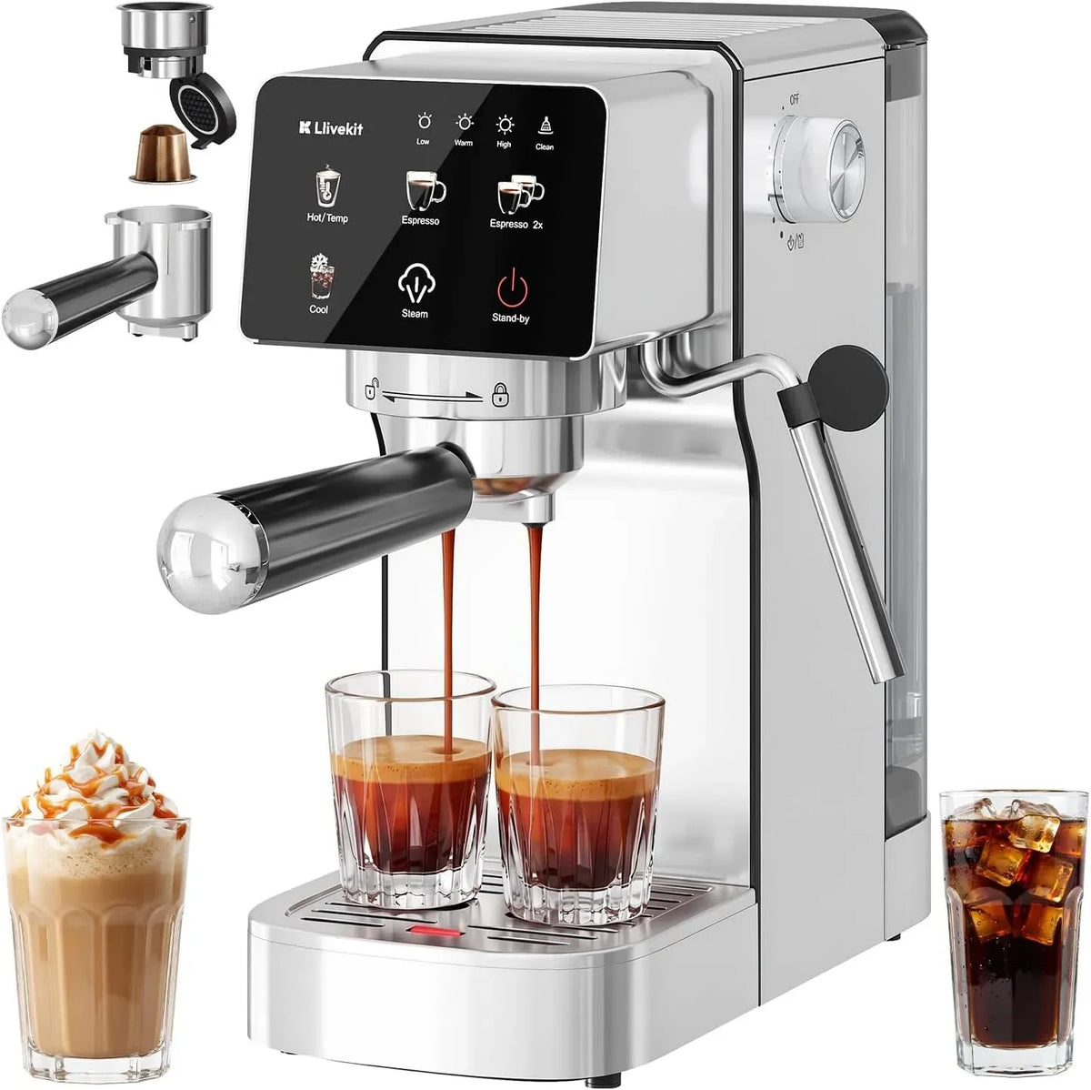 Mousseur à lait, 1,2 L, émulsionneur à lait, LLIVEKIT, tactile, grand réservoir, acier inoxydable, 2 en 1 Machine à Café Expresso 20 Bars