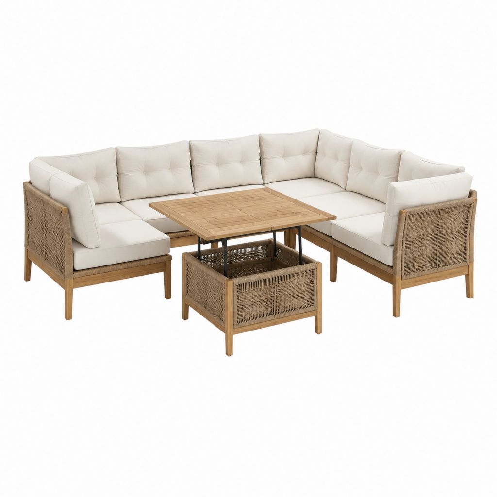 Canapé de jardin d'angle 5 places avec table basse beige et acacia massif 250 x 250 x 78 cm