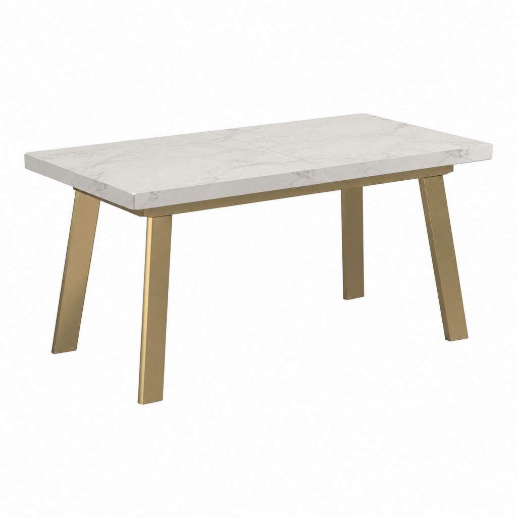 Table à manger rectangulaire blanche effet marbre plateau MDF pieds en acier doré 140 x 80 x 75 cm