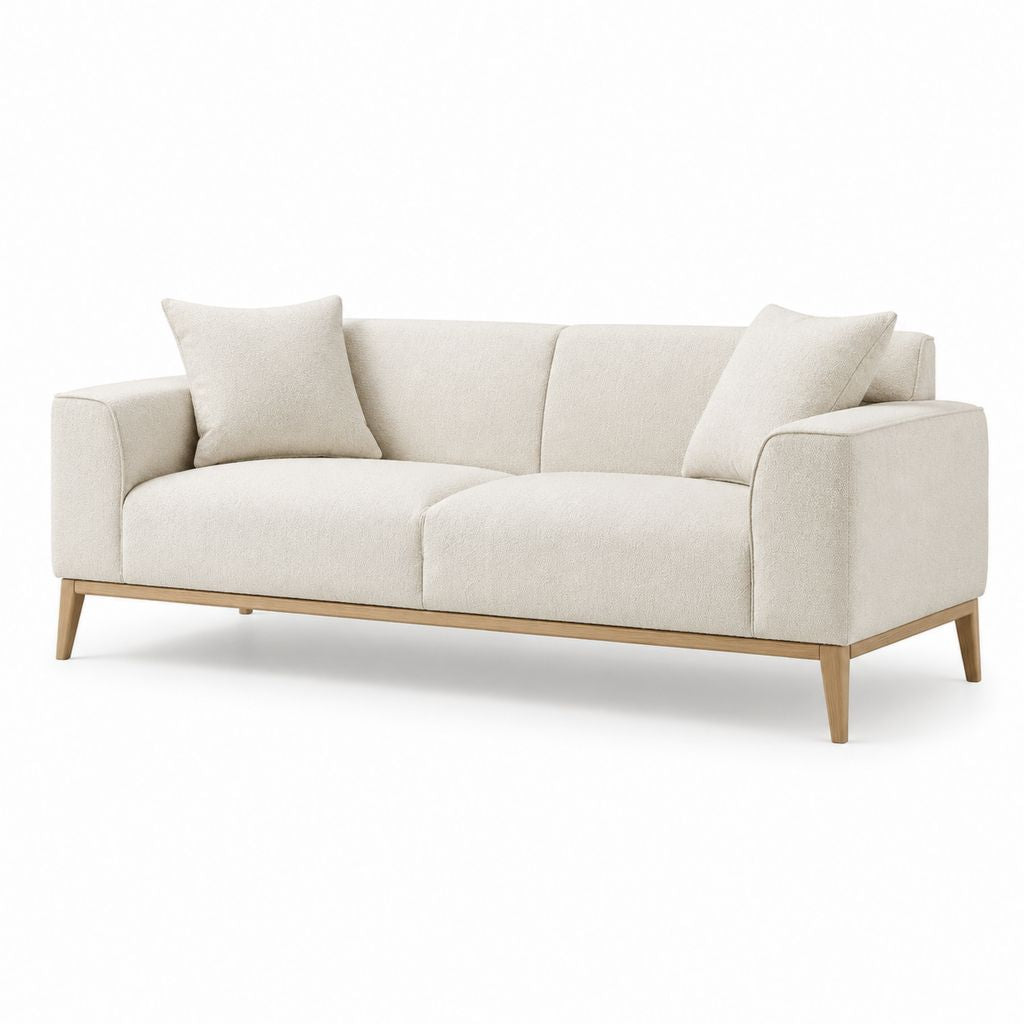 Canapé droit 3 places beige en polyester avec pieds en hévéa massif 200 x 90 x 85 cm