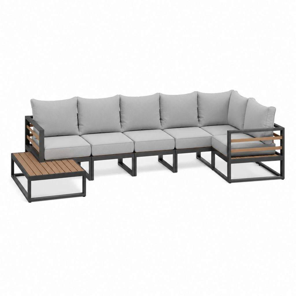 Salon de jardin canapé droit 5 places avec table basse gris aluminium acacia 300 x 80 x 65 cm