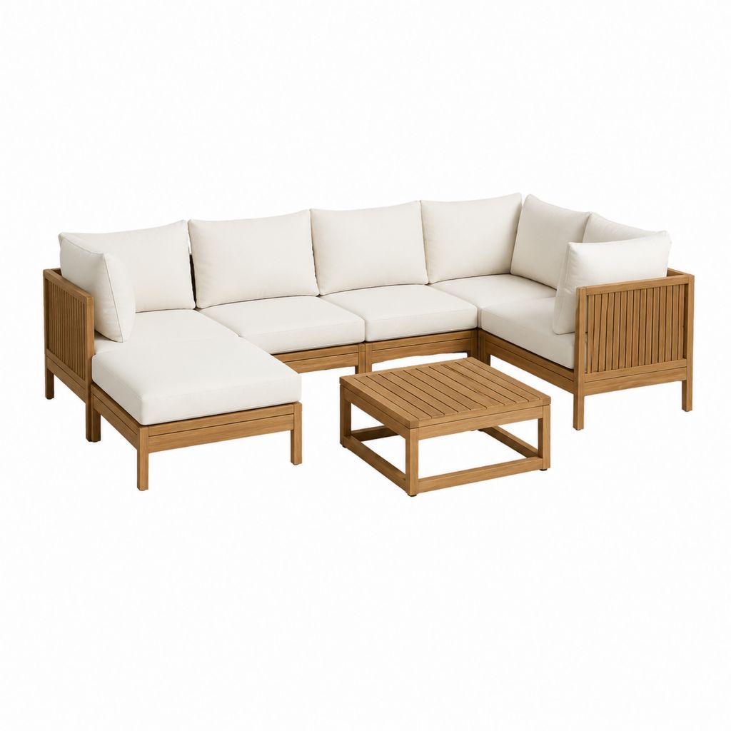 Salon de jardin d'angle 5 pièces beige en acacia avec coussins 250 x 190 x 70 cm